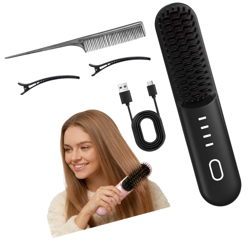 Portable USB C Rechargeable Hair Straightening Brush With 4 Temperature Setting Black
