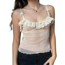 (L, Beige) Women's Elegant Sleeveless Sheer Crop Tops Summer Camisole Sexy Shirt Lace Trim Cropped Tank Casual Vests Beige S