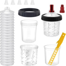 Kit Sistema di Tazze di Miscelazione Vernice Monouso - 20 Tazze di Vernice con Coperchio, Tazze Rigide con Anelli di Fissaggio, 5 Tappi, 2 Adattatori