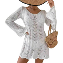 Long Sleeves Knit Beach Cover Up Dress for Beach Vacation Sunbathing Swimming White L
