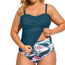 Flower Print Tankini Swimsuit with Briefs Adjustable Shoulder Strap Blue floral pants XL