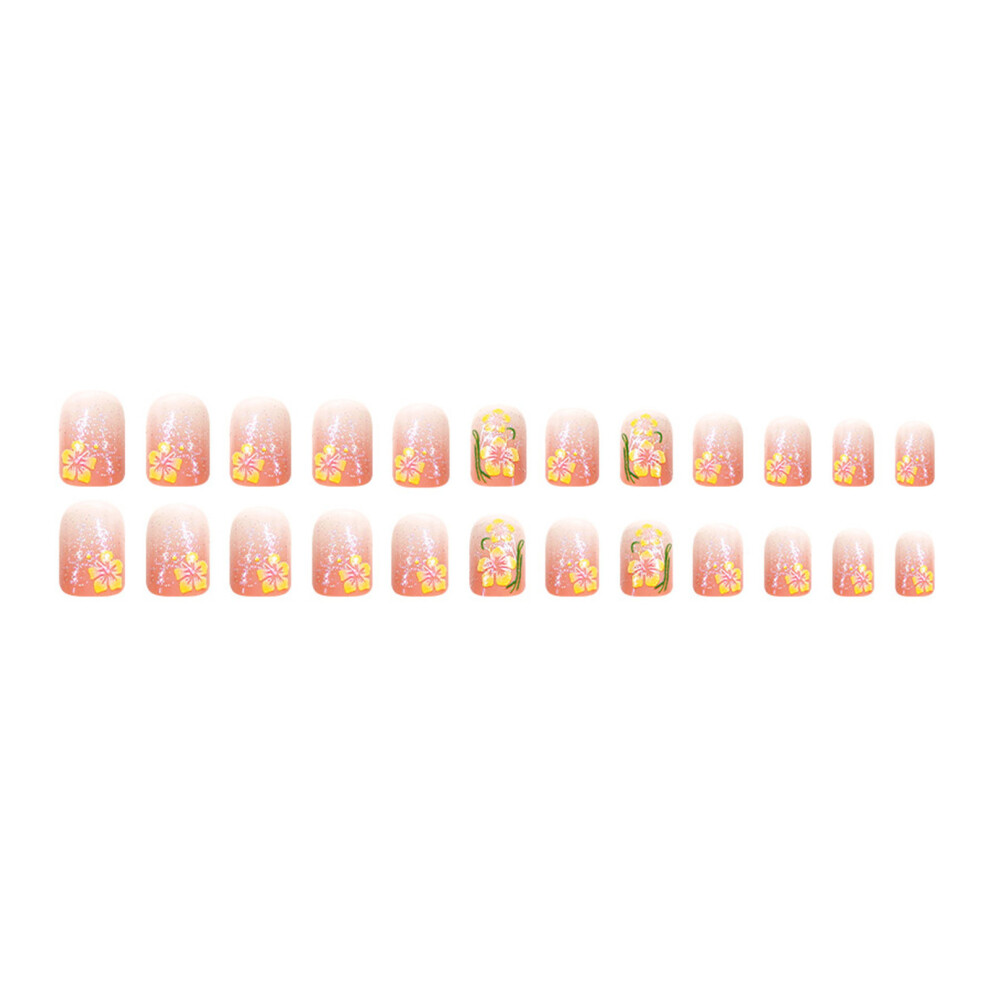 Spring Summer Fashion Press On Nail 24Pcs Gradient Shimmering Floral Short Shape