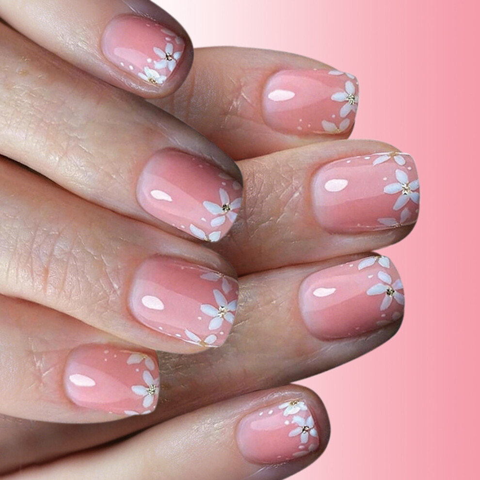 24Pcs Glitters Flower Press On Nail Short Square Style Shining For Any Occasion