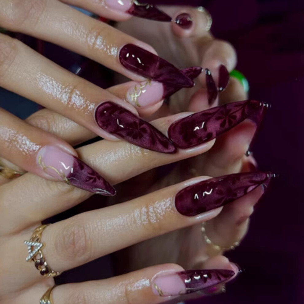 Artifical Nail Set French 3D Vine Glowing Theme False Nail Featuring Multiple