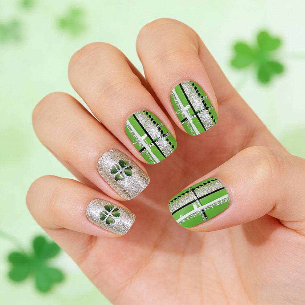 False Nail With Shimmering Plaids And Shamrock Patterns For Quick Application
