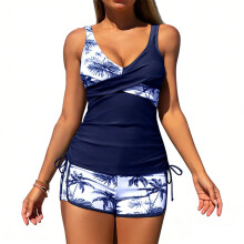 Womens High Waist Tankini Swimsuit With Boyshorts Athletic Bathing Suit for Pool Blue L