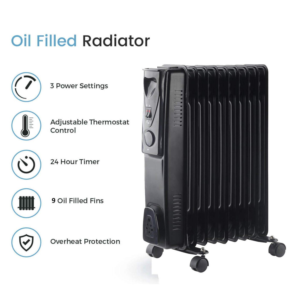 9 Fin 2Kw Oil Filled Radiator, Black 5057670085665