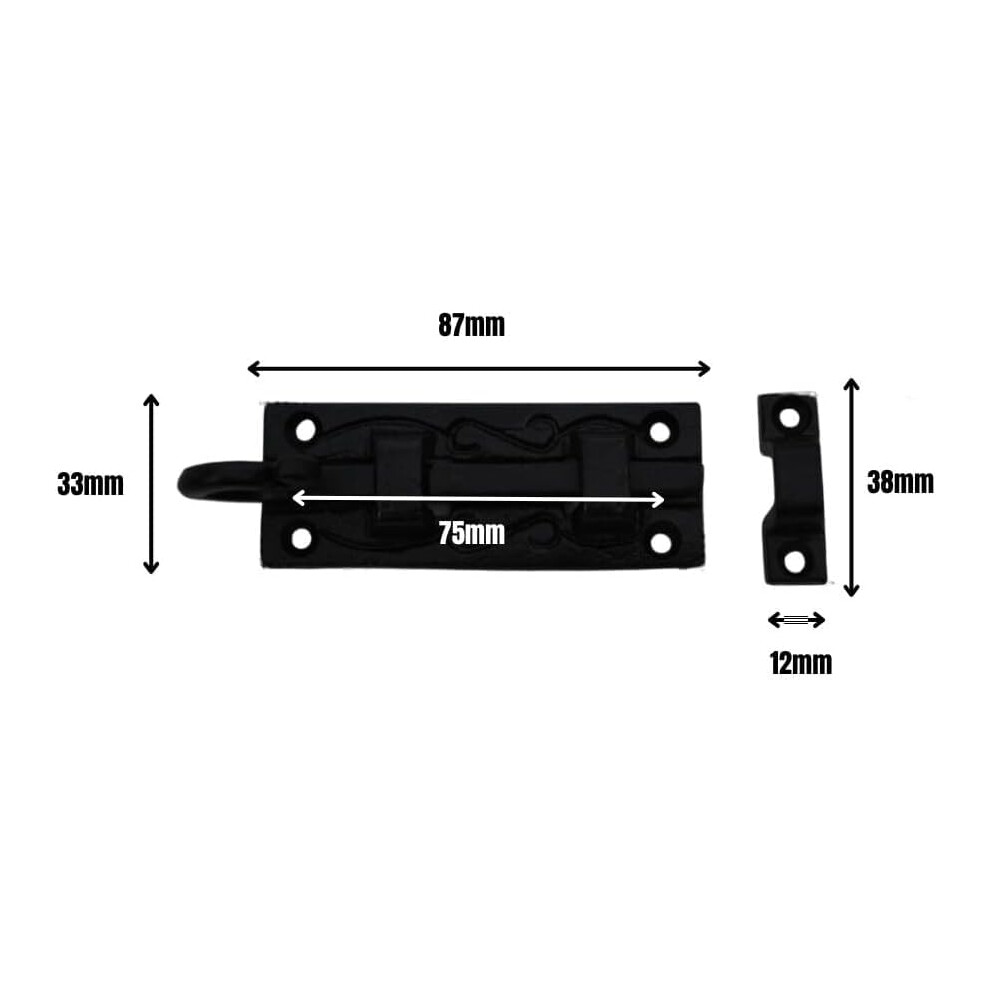 Dzina Door Bolt Straight Curly Tail 75mm on Black Antique, Surface Mounted Door Bolt, Sliding Door Lock, Lock Bolts for Securing Internal Doors for Bedrooms, Bathrooms, Storage Units and Cupboards - Image 2