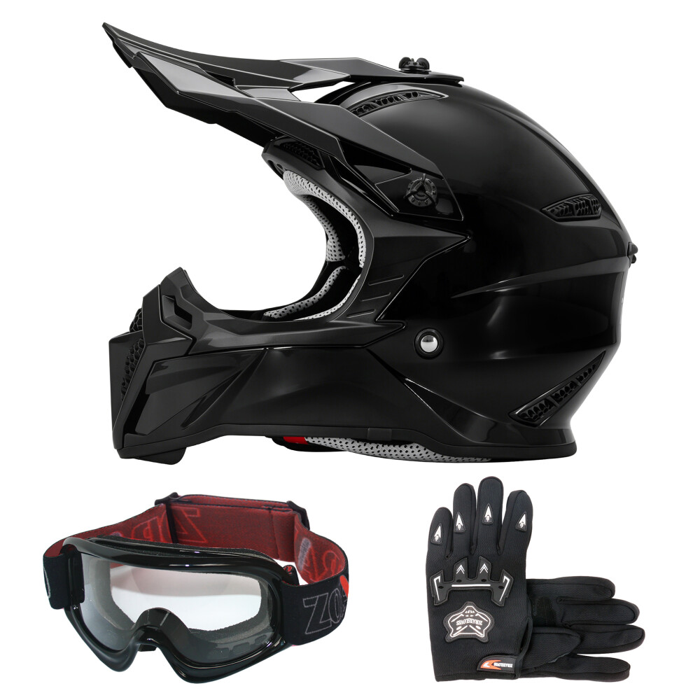 (Gloss L(53-54Cm)) Zorax Zor-109 Kids Mx Motocross Motorcycle Helmets Pit Bike Goggles Gloves Black 5063767890357
