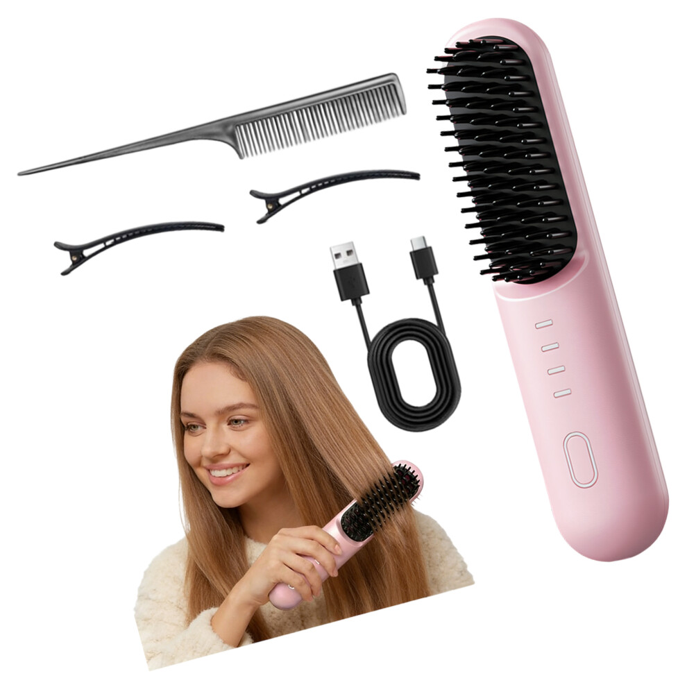 Pink Multipurpose Hair Straightener Brush Cordless Styling Comb 4 Temperature Setting