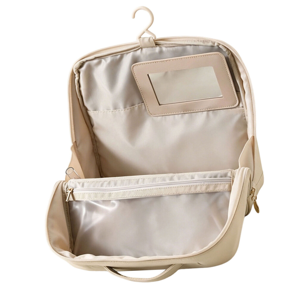 Hanging Cosmetic Bag Including Mirror And Multiple Pockets For Travel Bathroom Gym Beige