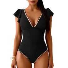 Women Single Unit Bathing Suit Elegant Ruffle Sleeves Swimsuit Slimming Swimwear Black M