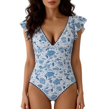 Fashionable Whole Piece Bathing Suit For Women Beach Pool Slimming Swimwear Print blue XL