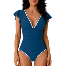 Women Single Unit Ruffle Swimsuit Tummy Control Bathing Suit Shaping Swim Navy blue S