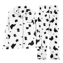 (XL, Cows) Women 2Pcs Pajamas Set Long Sleeve Lapel Button Down Cow Leopard Print Sleepwear Horizontal zebra pat M