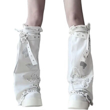 (White) Women Punk Butterfly Appliques Denims Flared Boot Cover with Buckled Bandages Chain Harajuku 90s Leg Warmer Long Sock White