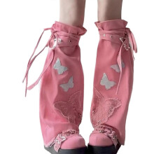 (rose Red) Women Punk Butterfly Appliques Denims Flared Boot Cover with Buckled Bandages Chain Harajuku 90s Leg Warmer Long Sock White