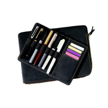 Leather Fountain Pen Case With Removable Insert 7 Elastic Slot and Card Pocket Black