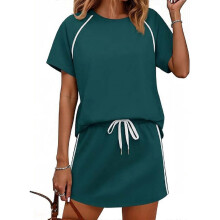 (XL, malachite green) Womens 2 Piece Skirt Set Short Sleeve Round Neck T-Shirt and Drawstring Waist Skirt Casual Matching Outfit Tracksuit hls XL