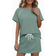 (S, light green) Womens 2 Piece Skirt Set Short Sleeve Round Neck T-Shirt and Drawstring Waist Skirt Casual Matching Outfit Tracksuit hls XL