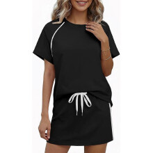 (S, Black) Womens 2 Piece Skirt Set Short Sleeve Round Neck T-Shirt and Drawstring Waist Skirt Casual Matching Outfit Tracksuit hls XL