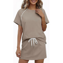(L, Khaki) Womens 2 Piece Skirt Set Short Sleeve Round Neck T-Shirt and Drawstring Waist Skirt Casual Matching Outfit Tracksuit hls XL