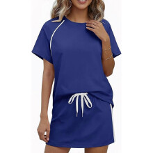 (L, Blue) Womens 2 Piece Skirt Set Short Sleeve Round Neck T-Shirt and Drawstring Waist Skirt Casual Matching Outfit Tracksuit hls XL