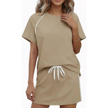 (M, Apricot) Womens 2 Piece Skirt Set Short Sleeve Round Neck T-Shirt and Drawstring Waist Skirt Casual Matching Outfit Tracksuit hls XL