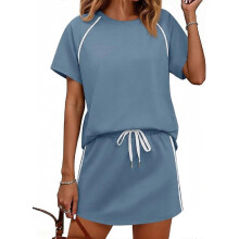 (L, hls) Womens 2 Piece Skirt Set Short Sleeve Round Neck T-Shirt and Drawstring Waist Skirt Casual Matching Outfit Tracksuit hls XL