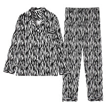 (2XL, Vertical stripes zeb) Women 2Pcs Pajamas Set Long Sleeve Lapel Button Down Cow Leopard Print Sleepwear Horizontal zebra pat M