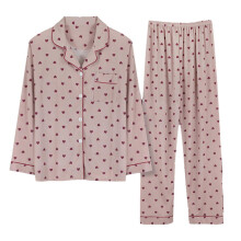 (XL, Brown Red Heart) Women 2Pcs Pajamas Set Long Sleeve Lapel Button Down Cow Leopard Print Sleepwear Horizontal zebra pat M