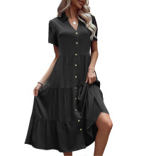 (XL, Black) Women Short Sleeve Button Down Split Swing A-Line Midi Dress V-Neck Solid Color Pleated Tiered Loose Flowy Long Dresses Burgundy XL