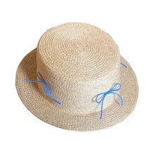 (Blue) Bowknot Sun Protective Hat for Girl French Style Bonnet Handwoven Straw Caps Summer Picnics Hat Photo Panama Hat Pink