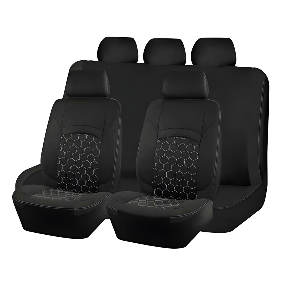 Universal Fit Car Seat Cover With Soccer Football Hexagonal Pattern 9 Piece Set Black 7754004712034