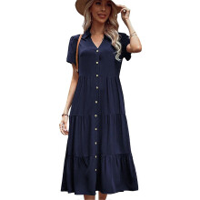 (XL, Bule) Women Short Sleeve Button Down Split Swing A-Line Midi Dress V-Neck Solid Color Pleated Tiered Loose Flowy Long Dresses Burgundy XL