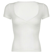 (S, White) Women Short Sleeve Sexy Lace Trim VNeck Twist Front Bodycon Crop Top Basic Solid Plain Tight Pullover T-Shirt Blouses White S
