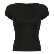 (L, Black) Women Short Sleeve Sexy Lace Trim VNeck Twist Front Bodycon Crop Top Basic Solid Plain Tight Pullover T-Shirt Blouses White S