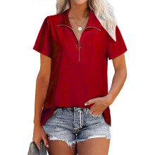 (XL, Red) Womens Casual Short Sleeve Solid Color Ribbed Loose T-Shirts Lapel Collared Zipper V-Neck Pullover Tunic Top with Slit White XL