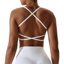 (XL, White) Women Crisscross Back Sports Bra with Removable Pads Wireless Strappy Backless Workout Fitness Running Bralette Crop Top White L