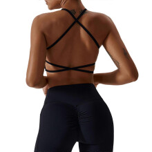 (M, Black) Women Crisscross Back Sports Bra with Removable Pads Wireless Strappy Backless Workout Fitness Running Bralette Crop Top White L