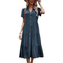 (XL, dark gray) Women Short Sleeve Button Down Split Swing A-Line Midi Dress V-Neck Solid Color Pleated Tiered Loose Flowy Long Dresses Burgundy XL