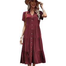 (S, Burgundy) Women Short Sleeve Button Down Split Swing A-Line Midi Dress V-Neck Solid Color Pleated Tiered Loose Flowy Long Dresses Burgundy XL