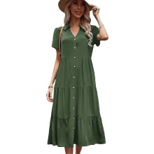 (L, Army Green) Women Short Sleeve Button Down Split Swing A-Line Midi Dress V-Neck Solid Color Pleated Tiered Loose Flowy Long Dresses Burgundy XL