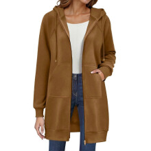 (S, Brown) Women's Long Hoodie Autumn Fashion Zipper Fleece Coat Comfortable Oversized Waist Sweatshirt Yellow XXL