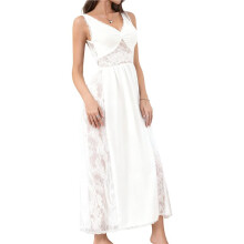 Womens Lace Sheer Long Chemise V Neck Sleeveless Nightdress White M
