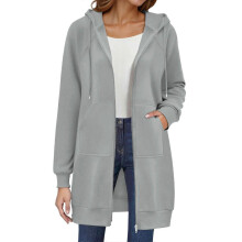 (S, Gray) Women's Long Hoodie Autumn Fashion Zipper Fleece Coat Comfortable Oversized Waist Sweatshirt Yellow XXL