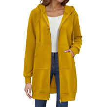 (L, Yellow) Women's Long Hoodie Autumn Fashion Zipper Fleece Coat Comfortable Oversized Waist Sweatshirt Yellow XXL