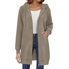 (XL, Khaki) Women's Long Hoodie Autumn Fashion Zipper Fleece Coat Comfortable Oversized Waist Sweatshirt Yellow XXL