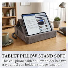 Tablet Pillow Stand with Storage Foldable Holder Angle Adjustable Soft Pad Dock for Bed and Laptop and Desk Gray
