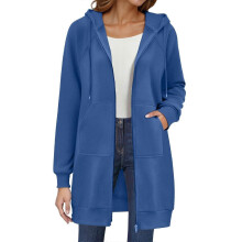 (L, Blue) Women's Long Hoodie Autumn Fashion Zipper Fleece Coat Comfortable Oversized Waist Sweatshirt Yellow XXL